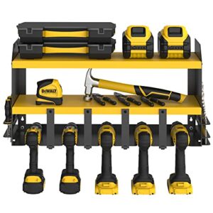 S SKSTYLE Power Tool Organizer - 5 Drill Holder, Wall Mount Shelf, Drill Shelf, Tool Shelf, Jobber Bit Workshop Rack - Premium Garage Storage & Organization, Cordless Drill Charging Station, Yellow