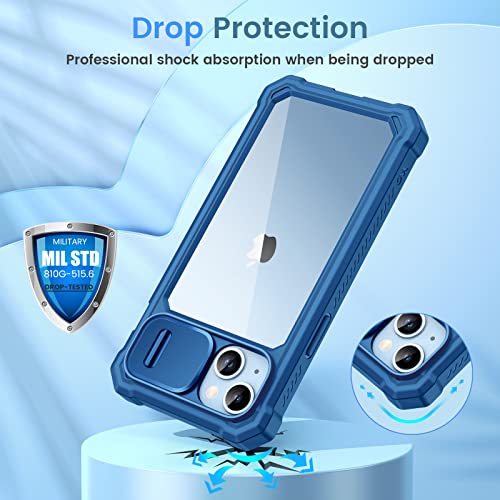 Ruky for iPhone 15 Plus Case Full Body Protection, iPhone 14 Plus Case Built-in Screen Protector & Slide Camera Cover, Heavy Duty Shockproof for iPhone 14 Plus & 15 Plus 6.7", Blue