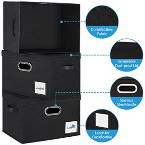 LHZK Large Storage Bins with Lids 6 Pack, Linen Fabric Storage Boxes with Lids, Foldable Storage Baskets with 3 Handles and Label Window for Shelves Bedroom Closet Office (15x11x9.6,Black,Beige)