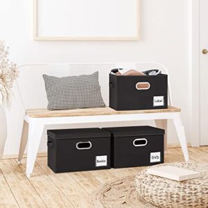 LHZK Large Storage Bins with Lids 6 Pack, Linen Fabric Storage Boxes with Lids, Foldable Storage Baskets with 3 Handles and Label Window for Shelves Bedroom Closet Office (15x11x9.6,Black,Beige)