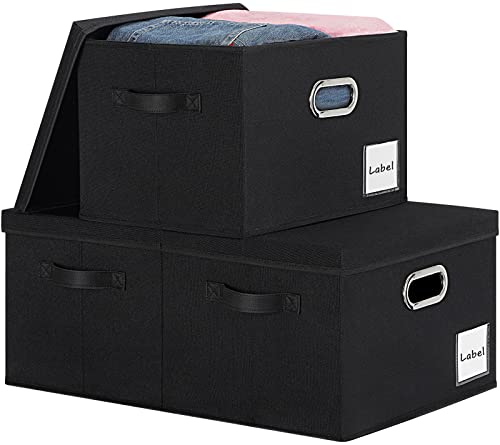 LHZK Large Storage Bins with Lids 6 Pack, Linen Fabric Storage Boxes with Lids, Foldable Storage Baskets with 3 Handles and Label Window for Shelves Bedroom Closet Office (15x11x9.6,Black,Beige)