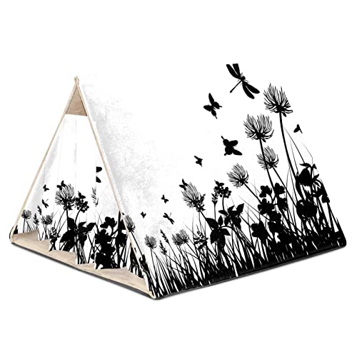 enheng Small Pet Hideout Grass Flowers Butterfly Silhouettes Hamster House Guinea Pig Playhouse for Dwarf Rabbits Hedgehogs Chinchillas