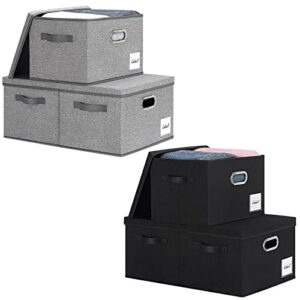 lhzk large storage bins with lids 6 pack, linen fabric storage boxes with lids, foldable storage baskets with 3 handles and label window for shelves bedroom closet office (15x11x9.6, grey, black)