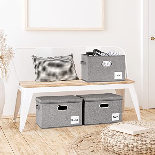 LHZK Large Storage Bins with Lids 9 Pack, Linen Fabric Storage Boxes with Lids, Foldable Storage Baskets with 3 Handles and Label Window for Shelves Bedroom Closet Office (15x11x9.6, Black,Grey,Beige)