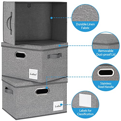 LHZK Large Storage Bins with Lids 9 Pack, Linen Fabric Storage Boxes with Lids, Foldable Storage Baskets with 3 Handles and Label Window for Shelves Bedroom Closet Office (15x11x9.6, Black,Grey,Beige)