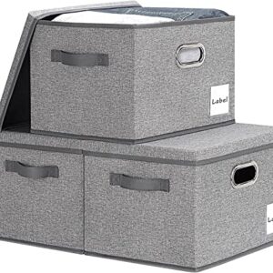 LHZK Large Storage Bins with Lids 9 Pack, Linen Fabric Storage Boxes with Lids, Foldable Storage Baskets with 3 Handles and Label Window for Shelves Bedroom Closet Office (15x11x9.6, Black,Grey,Beige)