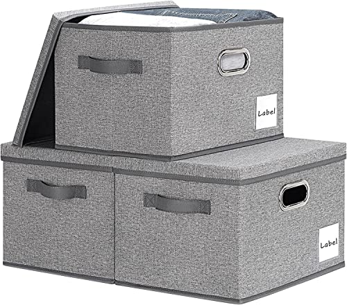 LHZK Large Storage Bins with Lids 9 Pack, Linen Fabric Storage Boxes with Lids, Foldable Storage Baskets with 3 Handles and Label Window for Shelves Bedroom Closet Office (15x11x9.6, Black,Grey,Beige)