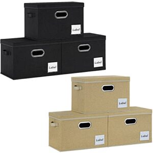 lhzk large storage bins with lids 6 pack, linen fabric storage boxes with lids, foldable storage baskets with 3 handles and label window for shelves bedroom closet office (15.75x11.8x10.2,black,beige)