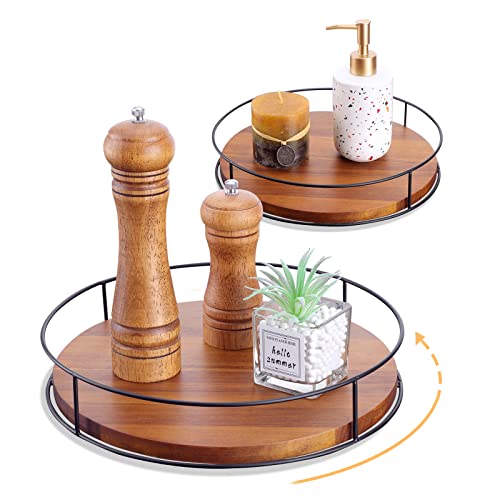 2 Pcs 11”&10” Lazy Susan Organizer Turntable for Cabinet Kitchen Countertop Table, Acacia Wood Kitchen Turntables Storage for Food Cheese Fridge, Refrigerator, Countertop Rotating Spice Rack