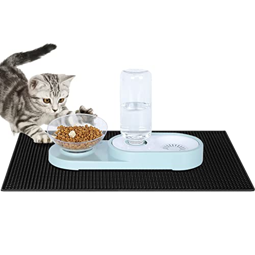 Cat Food Mat Dog Feeding Mat, Non Slip of Double Side Thick Rubber Mat with Lip 17.5x11.5x0.3 inch