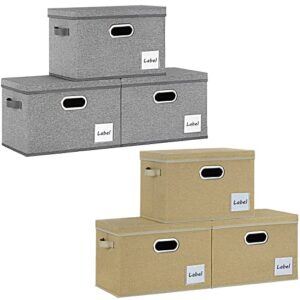 lhzk large storage bins with lids 6 pack, linen fabric storage boxes with lids, foldable storage baskets with 3 handles and label window for shelves bedroom closet office (15.75x11.8x10.2,grey,beige)