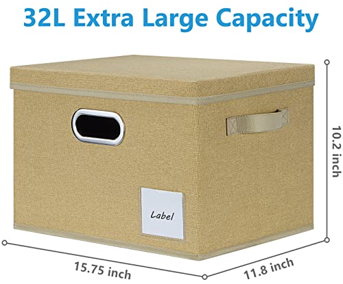 LHZK Large Storage Bins with Lids 6 Pack, Linen Fabric Storage Boxes with Lids, Foldable Storage Baskets with 3 Handles and Label Window for Shelves Bedroom Closet Office (15.75x11.8x10.2,Grey,Beige)