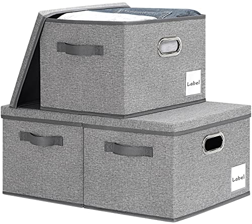 LHZK Large Storage Bins with Lids 6 Pack, Linen Fabric Storage Boxes with Lids, Foldable Storage Baskets with 3 Handles and Label Window for Shelves Bedroom Closet Office (15.75x11.8x10.2,Grey,Beige)