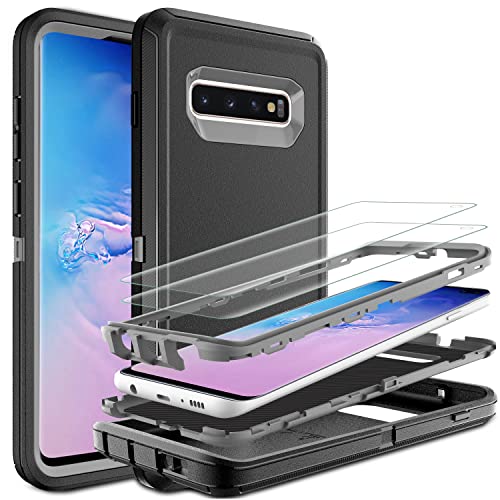 HONG-AMY for Samsung Galaxy S10 Case, Galaxy S10 Case with Self Healing Flexible TPU Screen Protector [2 Pack], 3 in 1 Full Body Shockproof Heavy Duty Case for Samsung S10 (Black/Grey)