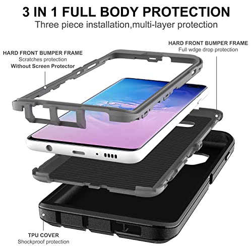 HONG-AMY for Samsung Galaxy S10 Case, Galaxy S10 Case with Self Healing Flexible TPU Screen Protector [2 Pack], 3 in 1 Full Body Shockproof Heavy Duty Case for Samsung S10 (Black/Grey)