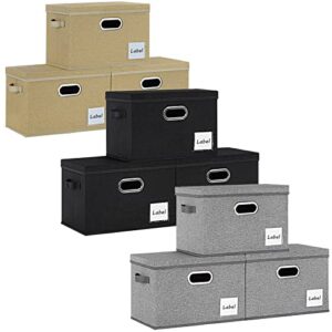 lhzk large storage bins with lids 9 pack, linen fabric storage boxes with lids, foldable storage baskets with 3 handles and label window for shelves bedroom closet office (15.75x11.8x10.2inch)