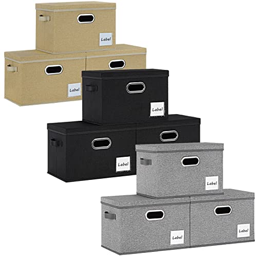 LHZK Large Storage Bins with Lids 9 Pack, Linen Fabric Storage Boxes with Lids, Foldable Storage Baskets with 3 Handles and Label Window for Shelves Bedroom Closet Office (15.75x11.8x10.2inch)