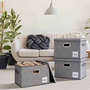 LHZK Large Storage Bins with Lids 9 Pack, Linen Fabric Storage Boxes with Lids, Foldable Storage Baskets with 3 Handles and Label Window for Shelves Bedroom Closet Office (15.75x11.8x10.2inch)