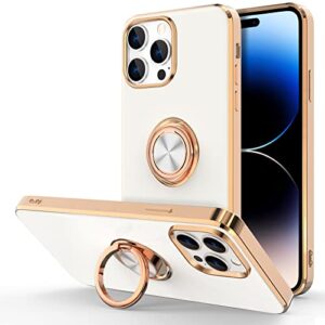 hython case for iphone 14 pro case with ring stand [360° rotatable ring holder magnetic kickstand] [support car mount] plated rose gold edge slim soft tpu luxury protective phone case cover, white
