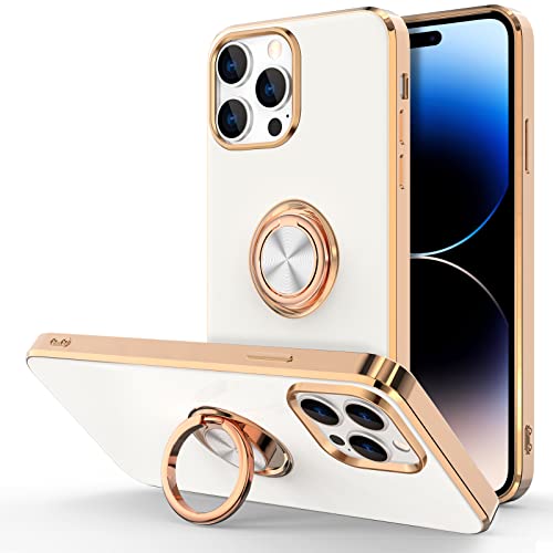 Hython Case for iPhone 14 Pro Case with Ring Stand [360° Rotatable Ring Holder Magnetic Kickstand] [Support Car Mount] Plated Rose Gold Edge Slim Soft TPU Luxury Protective Phone Case Cover, White