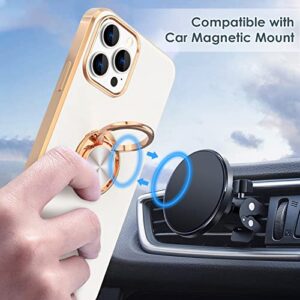 Hython Case for iPhone 14 Pro Case with Ring Stand [360° Rotatable Ring Holder Magnetic Kickstand] [Support Car Mount] Plated Rose Gold Edge Slim Soft TPU Luxury Protective Phone Case Cover, White