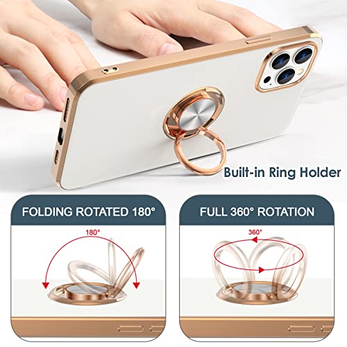 Hython Case for iPhone 14 Pro Case with Ring Stand [360° Rotatable Ring Holder Magnetic Kickstand] [Support Car Mount] Plated Rose Gold Edge Slim Soft TPU Luxury Protective Phone Case Cover, White