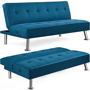 topeakmart fabric futon sofa, convertible futon bed, folding couch, sectional sleeper sofa for small space with usb ports, folding sofa for compact living space, apartment, office, living room blue