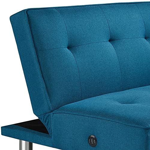 Topeakmart Fabric Futon Sofa, Convertible Futon Bed, Folding Couch, Sectional Sleeper Sofa for Small Space with USB Ports, Folding Sofa for Compact Living Space, Apartment, Office, Living Room Blue