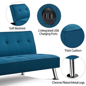 Topeakmart Fabric Futon Sofa, Convertible Futon Bed, Folding Couch, Sectional Sleeper Sofa for Small Space with USB Ports, Folding Sofa for Compact Living Space, Apartment, Office, Living Room Blue