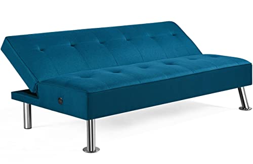 Topeakmart Fabric Futon Sofa, Convertible Futon Bed, Folding Couch, Sectional Sleeper Sofa for Small Space with USB Ports, Folding Sofa for Compact Living Space, Apartment, Office, Living Room Blue