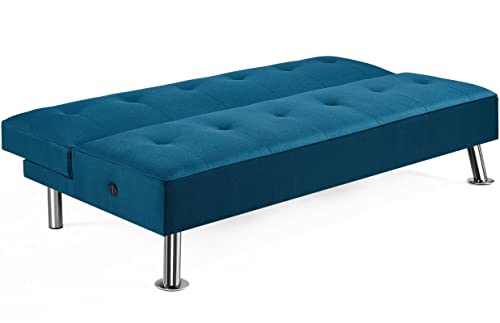 Topeakmart Fabric Futon Sofa, Convertible Futon Bed, Folding Couch, Sectional Sleeper Sofa for Small Space with USB Ports, Folding Sofa for Compact Living Space, Apartment, Office, Living Room Blue