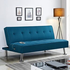 Topeakmart Fabric Futon Sofa, Convertible Futon Bed, Folding Couch, Sectional Sleeper Sofa for Small Space with USB Ports, Folding Sofa for Compact Living Space, Apartment, Office, Living Room Blue