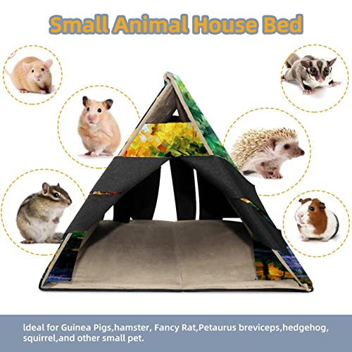 enheng Small Pet Hideout Autumn Maple Leaf Bridge Art Painting Hamster House Guinea Pig Playhouse for Dwarf Rabbits Hedgehogs Chinchillas