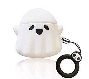 cartoon airpods case cover, cute cases compatible with apple airpods 2nd 1st generation, kawaii soft silicone protective cover for airpod 2/1 with keychain for women men white ghost