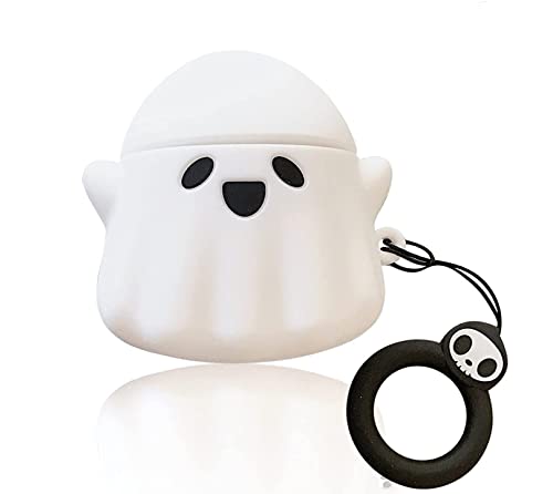 Cartoon AirPods Case Cover, Cute Cases Compatible with Apple AirPods 2nd 1st Generation, Kawaii Soft Silicone Protective Cover for Airpod 2/1 with Keychain for Women Men White Ghost