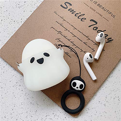 Cartoon AirPods Case Cover, Cute Cases Compatible with Apple AirPods 2nd 1st Generation, Kawaii Soft Silicone Protective Cover for Airpod 2/1 with Keychain for Women Men White Ghost