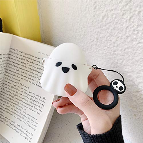 Cartoon AirPods Case Cover, Cute Cases Compatible with Apple AirPods 2nd 1st Generation, Kawaii Soft Silicone Protective Cover for Airpod 2/1 with Keychain for Women Men White Ghost