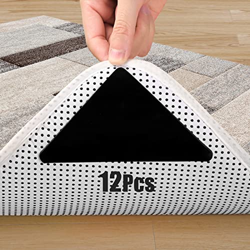 MecTo Rug Gripper, 12 PCS Resuable Rug Pad Non-Slip Rug Pads Washable Carpet Tape for Hardwood Floors, Tile Floor Self Adhesive to Keep Corner Flat (Black, Triangle)