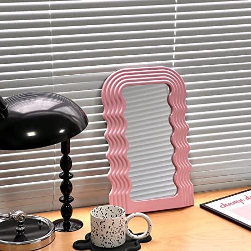 ZOROSY Wave Mirror Table Makeup Mirror - Irregular Cosmetic Mirrors Desktop for Wall Creative Bedroom Bathroom Home Decor (Pink)