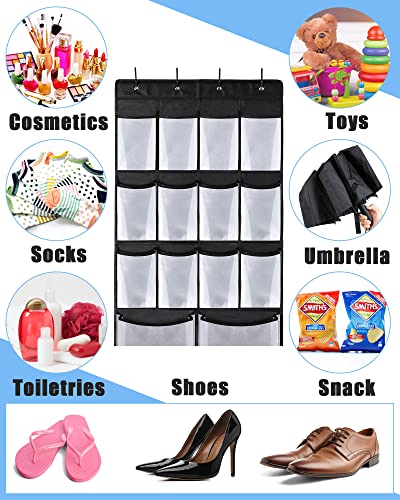 4 Pack Hanging Shoe Organizer over The Door Organizer Shoe Rack Door Hanging Storage, 18 Mesh Pockets with 16 Hooks for Entryway Dorm Bedroom Pantry Wall Closet, Black, White