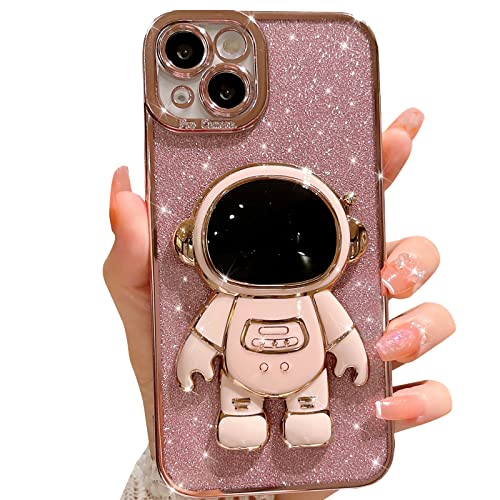 MGQILING Compatible for iPhone 13 Bling Plating Astronaut Hidden Stand Case, Cute 6D Stand Glitter Phone Case for Women Girls Soft TPU Shockproof Back Cover - Pink