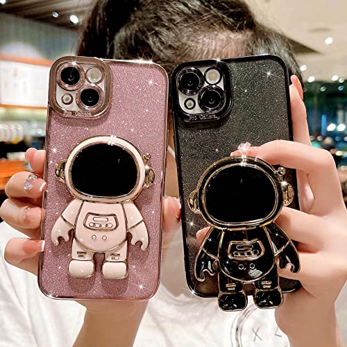 MGQILING Compatible for iPhone 13 Bling Plating Astronaut Hidden Stand Case, Cute 6D Stand Glitter Phone Case for Women Girls Soft TPU Shockproof Back Cover - Pink