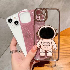 MGQILING Compatible for iPhone 13 Bling Plating Astronaut Hidden Stand Case, Cute 6D Stand Glitter Phone Case for Women Girls Soft TPU Shockproof Back Cover - Pink