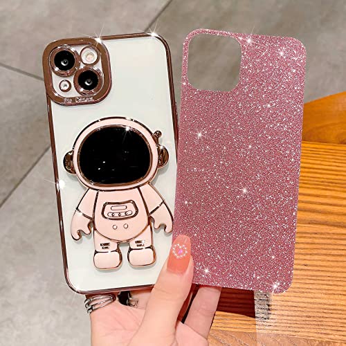 MGQILING Compatible for iPhone 13 Bling Plating Astronaut Hidden Stand Case, Cute 6D Stand Glitter Phone Case for Women Girls Soft TPU Shockproof Back Cover - Pink