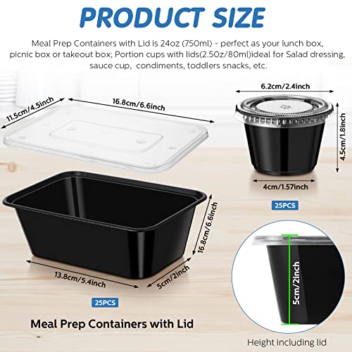 50 Pcs Meal Prep Container with Lids Including 25pcs 25oz Food Storage Containers and 25 Pcs 2.5 oz Portion Cups, Reusable Lunch Containers, Freezer Microwave Dishwasher Safe