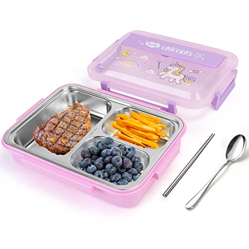 IAMGlobal Unicorn Stainless Steel Bento Box, 3 Compartments Thermal Insulation Food Storage Containers, Kids School Lunch Containers, Leakproof Lunch Box Tableware Set, Girls Food Storage(1.1L)