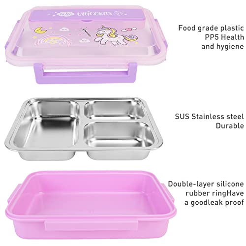 IAMGlobal Unicorn Stainless Steel Bento Box, 3 Compartments Thermal Insulation Food Storage Containers, Kids School Lunch Containers, Leakproof Lunch Box Tableware Set, Girls Food Storage(1.1L)