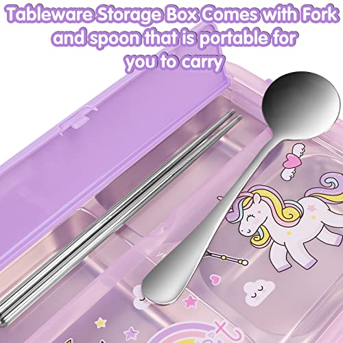 IAMGlobal Unicorn Stainless Steel Bento Box, 3 Compartments Thermal Insulation Food Storage Containers, Kids School Lunch Containers, Leakproof Lunch Box Tableware Set, Girls Food Storage(1.1L)