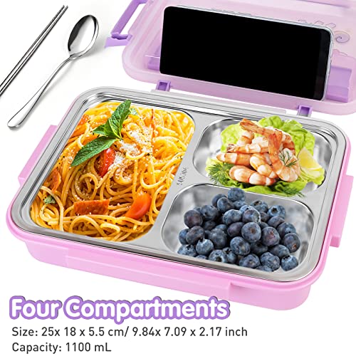 IAMGlobal Unicorn Stainless Steel Bento Box, 3 Compartments Thermal Insulation Food Storage Containers, Kids School Lunch Containers, Leakproof Lunch Box Tableware Set, Girls Food Storage(1.1L)