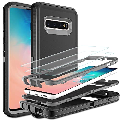 HONG-AMY for Galaxy S10 Plus Case, S10 Plus Case with Self Healing Flexible TPU Screen Protector [2 Pack], 3 in 1 Full Body Shockproof Heavy Duty Case for Samsung Galaxy S10 Plus (Black/Grey)